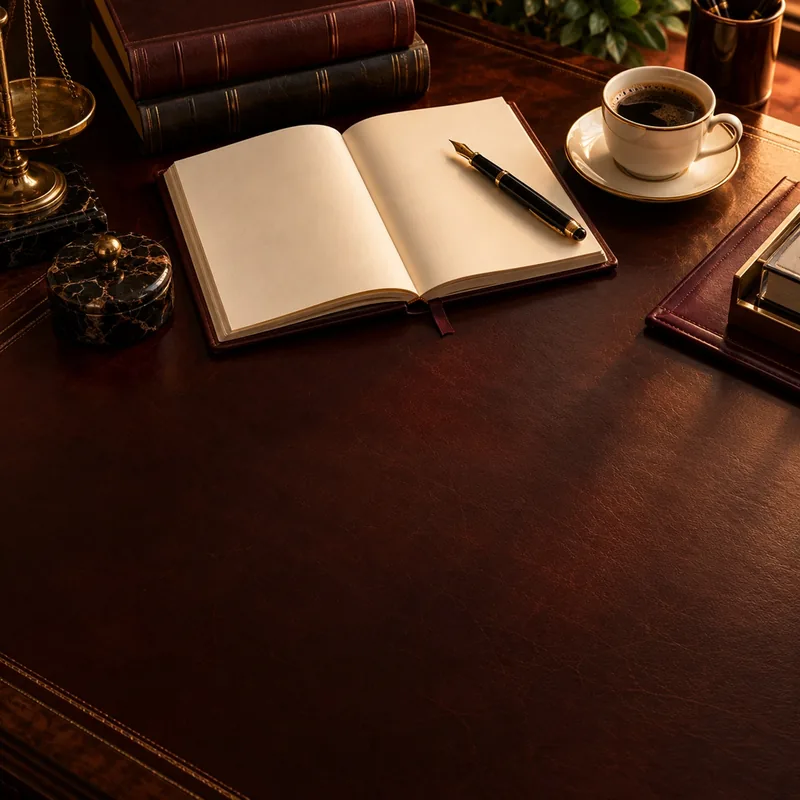Mesa de escritório de advocacia com livros, caderno e caneta-tinteiro