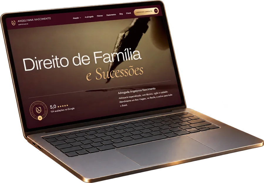 Notebook com o site da advogada Angelynna Nascimento, Direito de Família e Sucessões em Recife